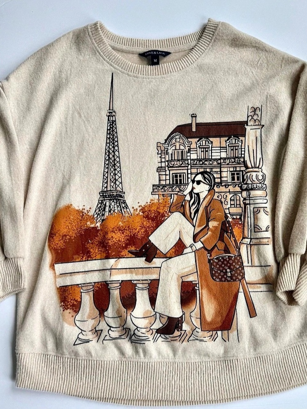 Love + Lace Paris Eiffel Tower Rhinestone Graphic Sweater Size M Lo